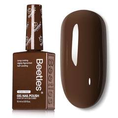 Beetles Dark Brown gel polish bottle shows winter shade for precise color viewing at home.