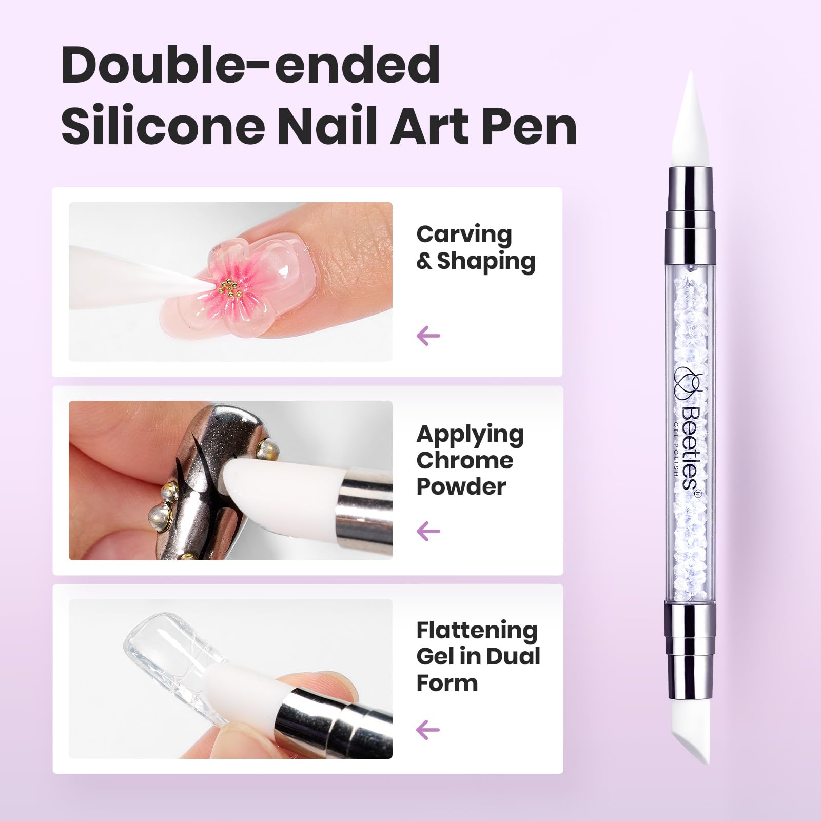 Beetles silicone pen and tools for faster 3D nail design and shaping.