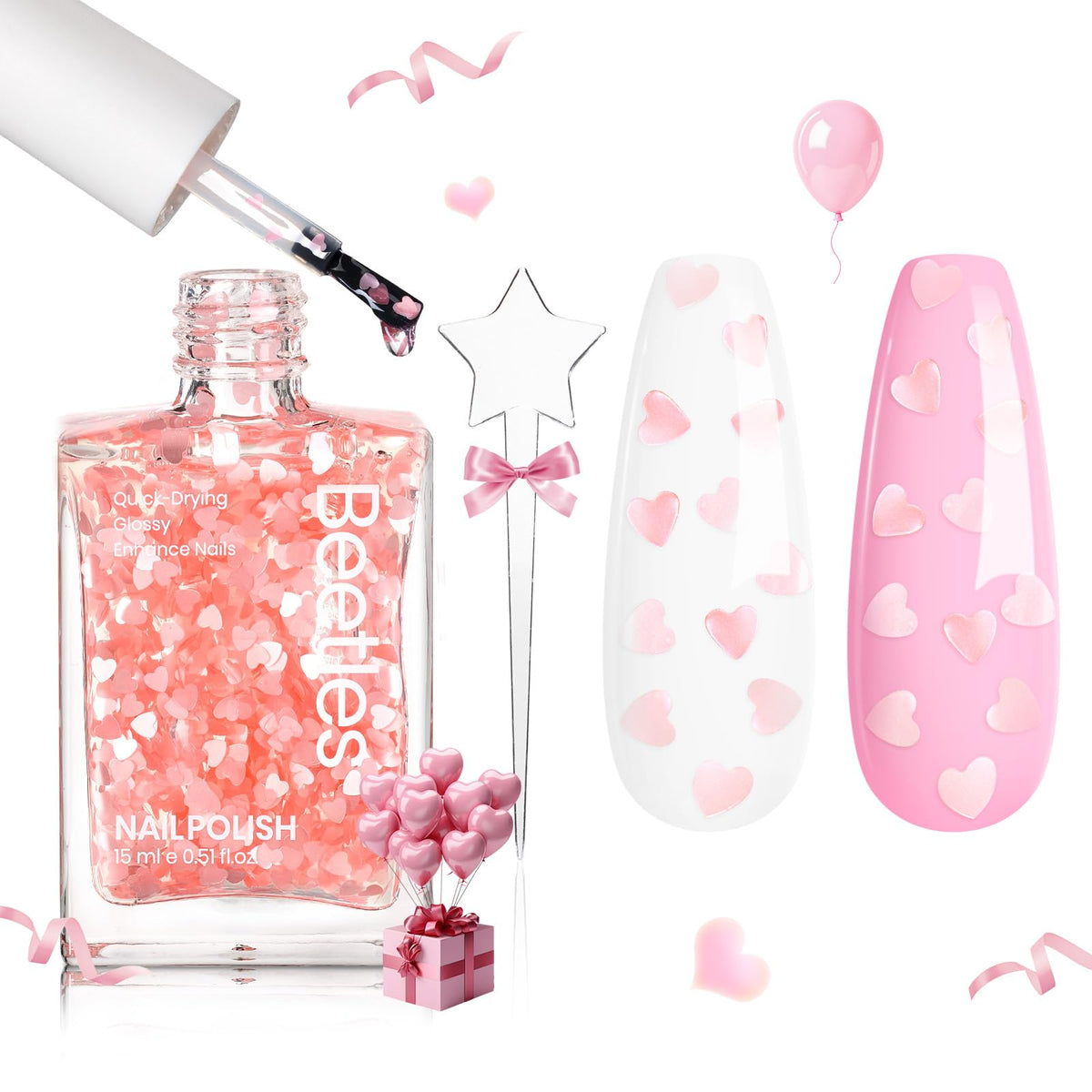 Beetles Easter pink heart pattern on nails for a playful spring look