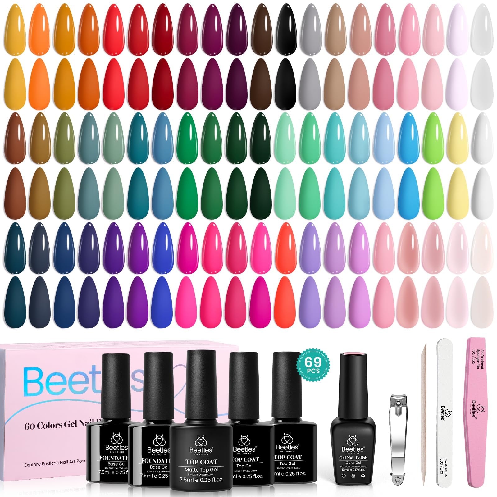 Beetles emotional spectrum 60-color palette shows diverse shades for versatile nails.