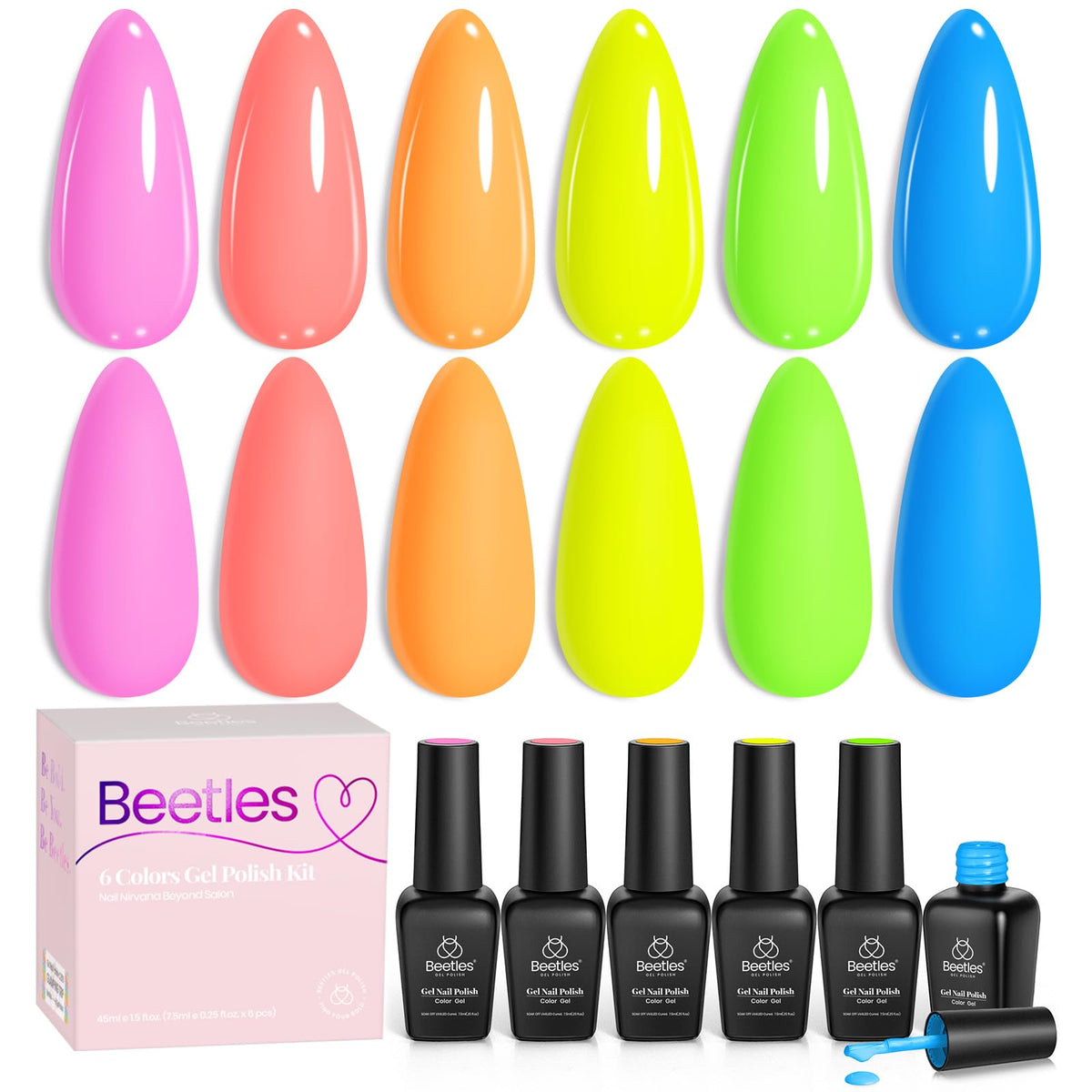 Beetles Gel Polish, botella rosa neón, ideal para manicura rápida y brillo duradero.