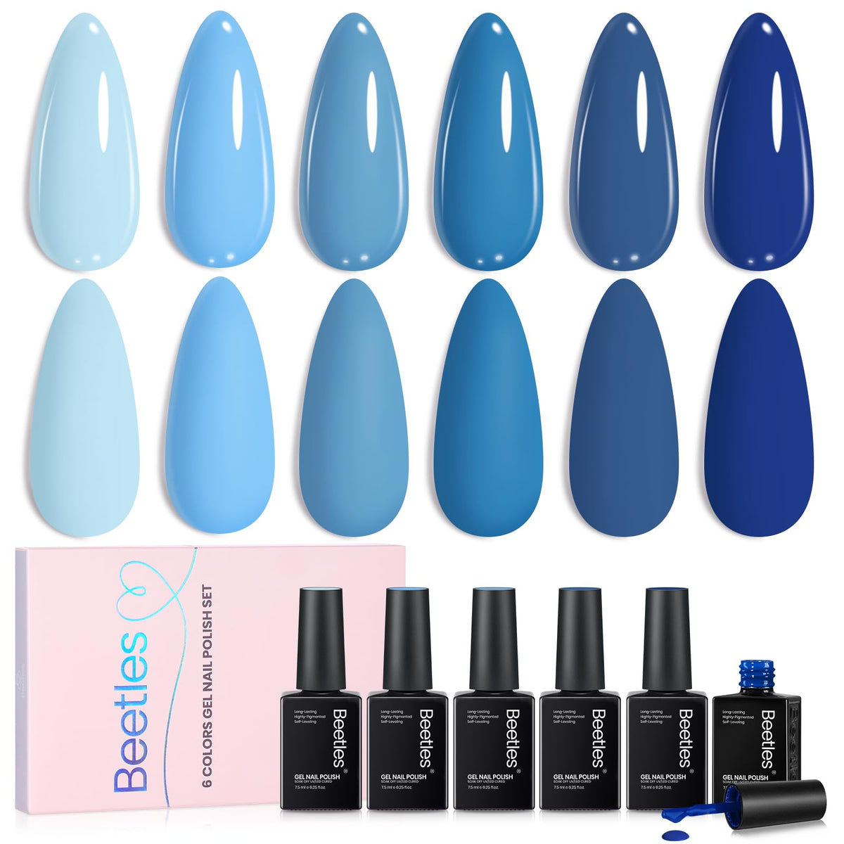 Beetles Esmalte en gel azul, conjunto de 6 colores, acabado brillante para uñas modernas.