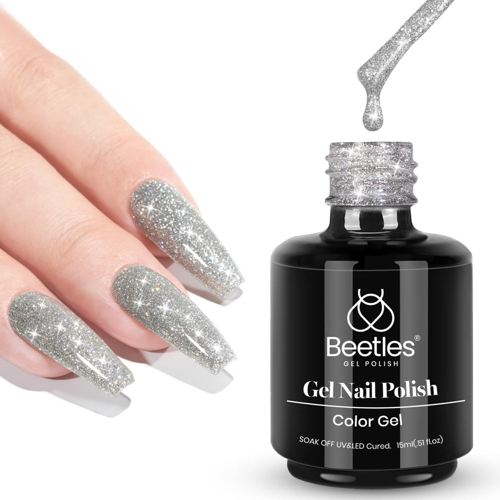 Beetles esmalte gel con brillo reflejante plateado para uñas deslumbrantes.