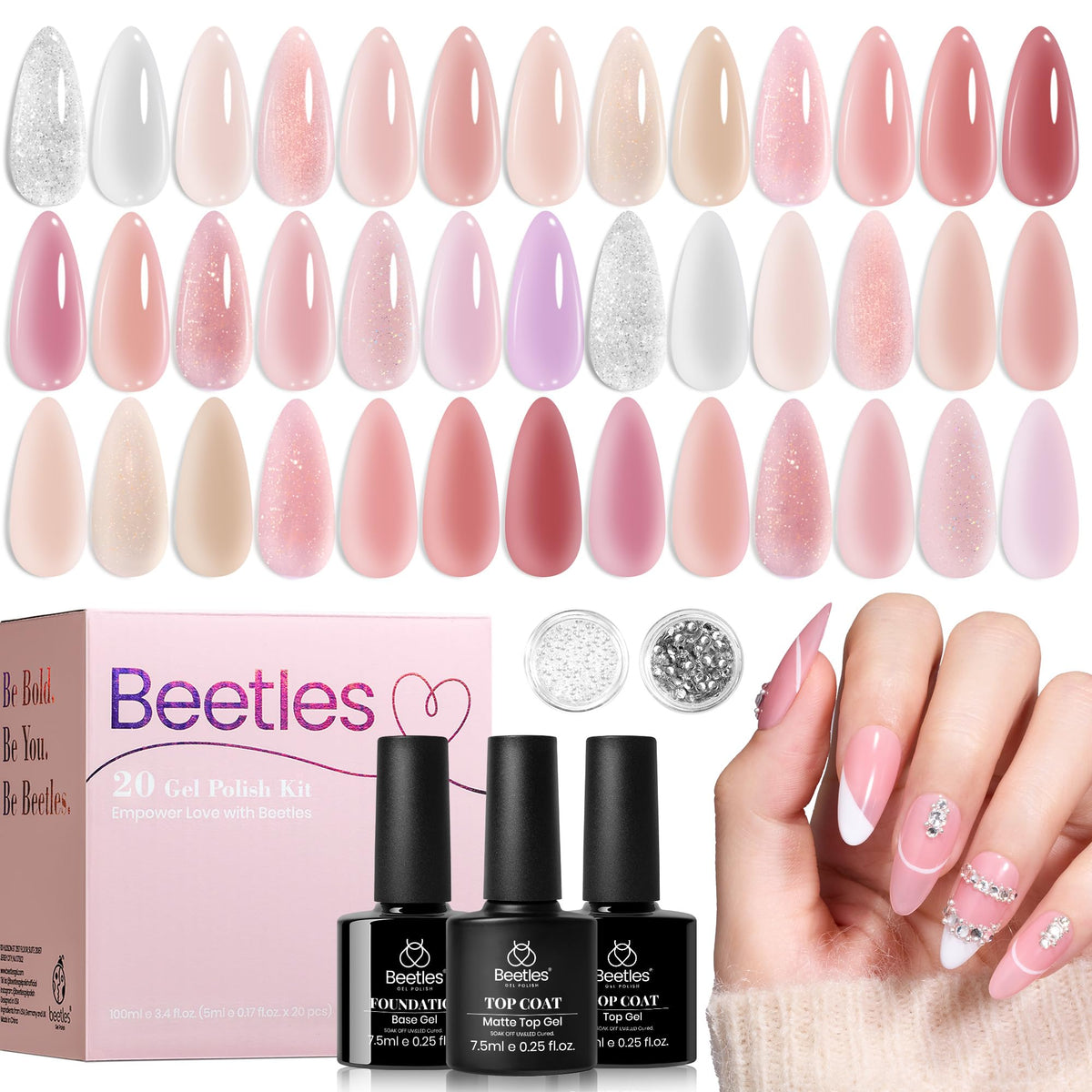 Beetles Esmalte Gel Nude Rosa, botella-ángulo, acabado suave para uñas.