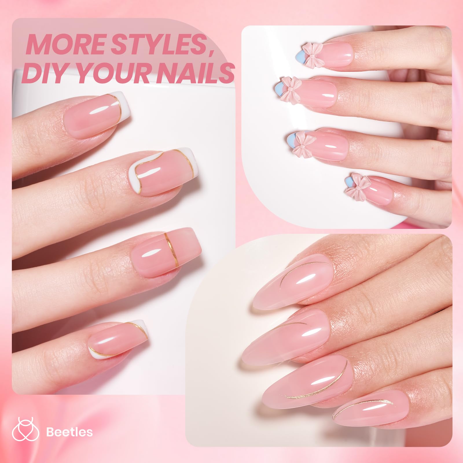 Beetles: gel nude rosa curado en 60-120 segundos para manicura rápida.