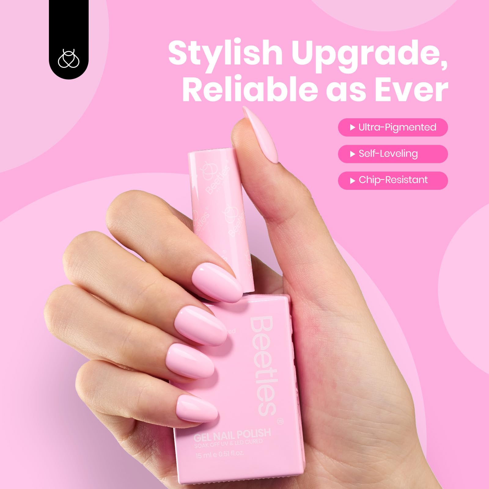Beetles Esmalte Gel Rosa Claro Rosy Glow envase compacto y práctico