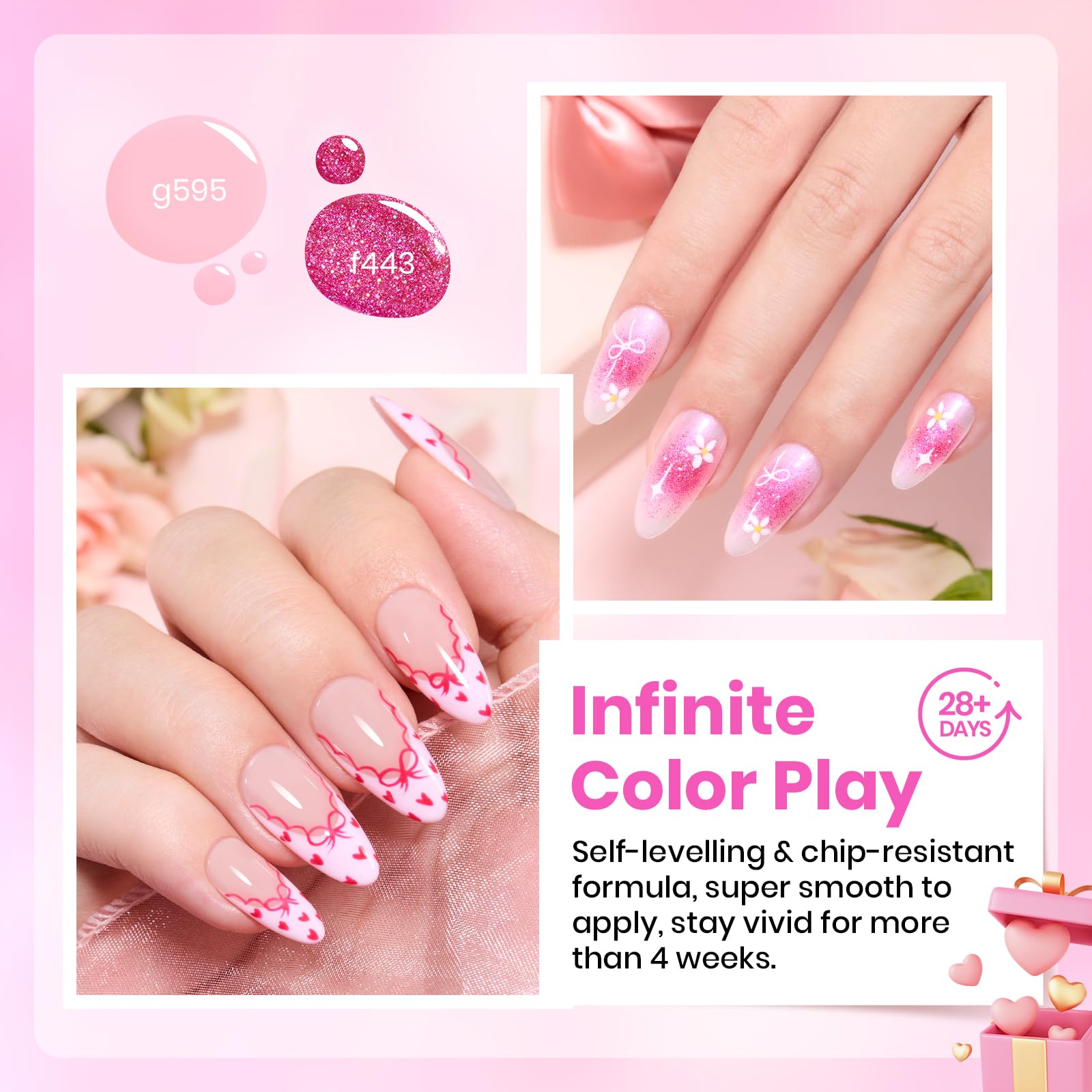 Beetles gel rosa con brillos para uñas llamativas