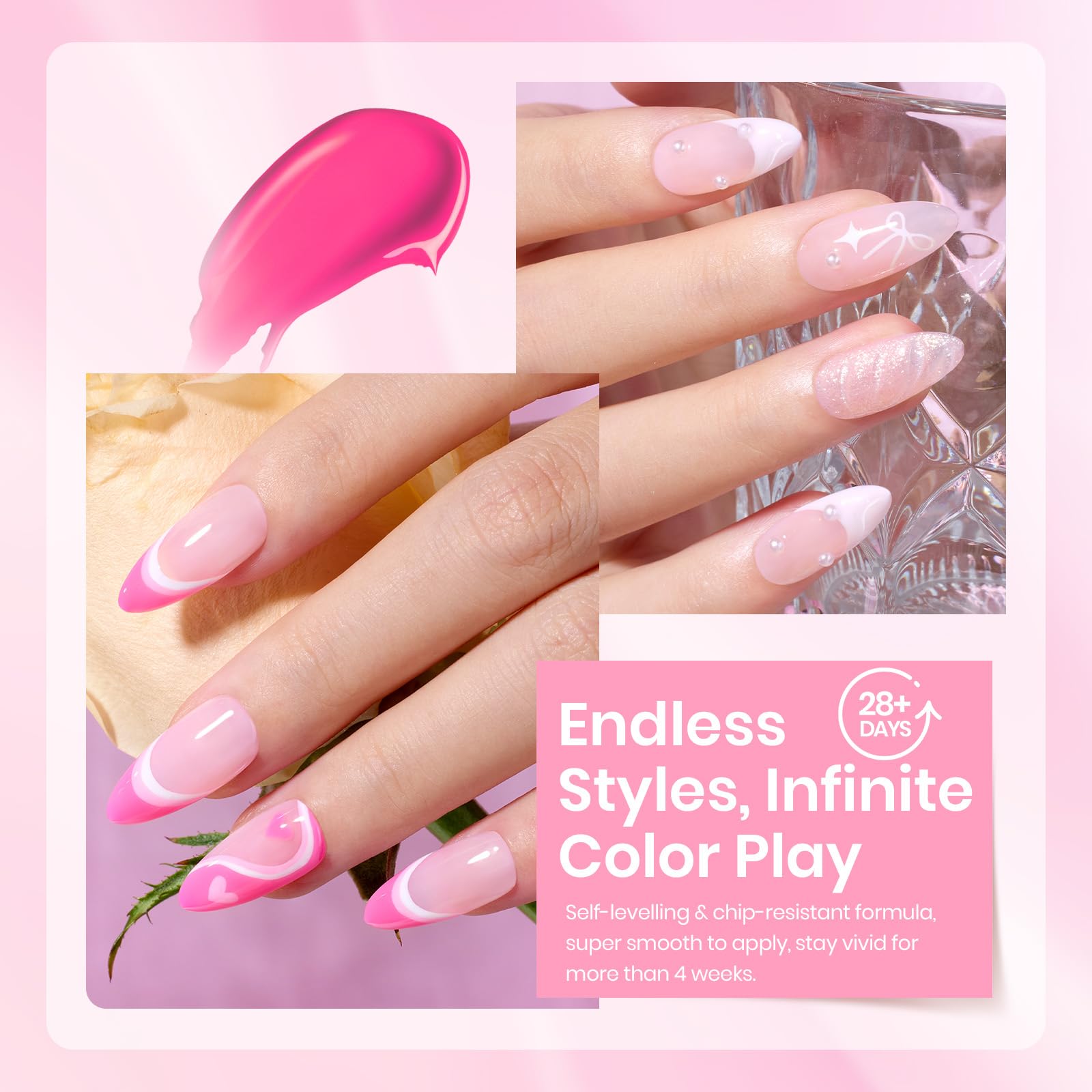Beetles Gel Rosado Romántico, cobertura uniforme y brillo intenso.