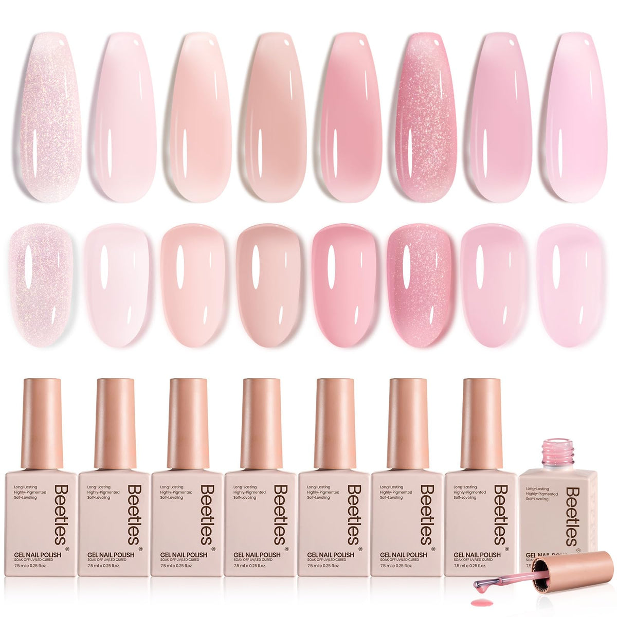Beetles gel de uñas rosa translúcido en conjunto, ideal para un acabado suave