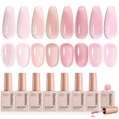 Beetles gel de uñas rosa translúcido en conjunto, ideal para un acabado suave