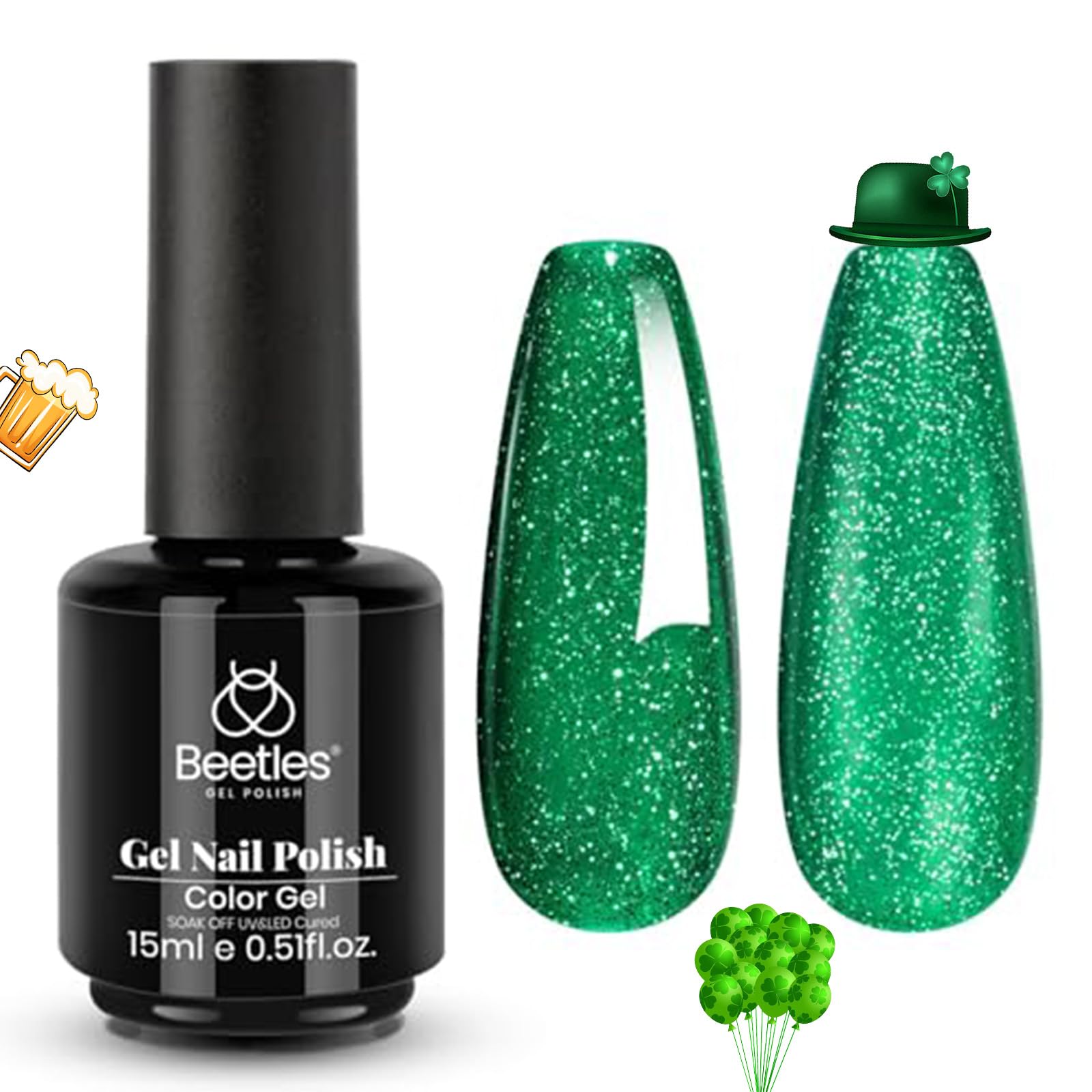 Beetles Esmalte Gel Verde Esmeralda en botella de 15 ml para manicuras brillantes.