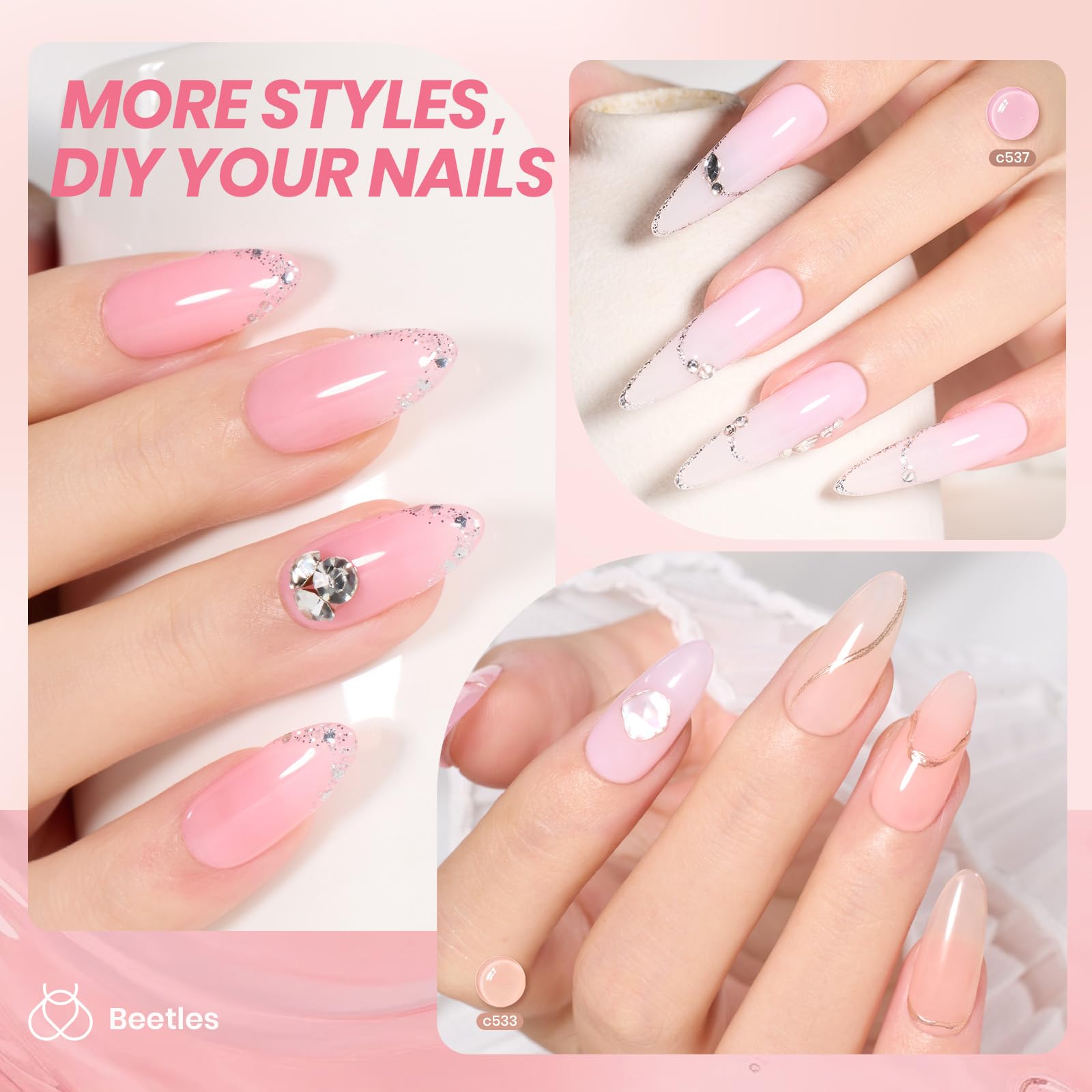 Beetles gel rosa lechoso en primer plano para acabado suave y natural.