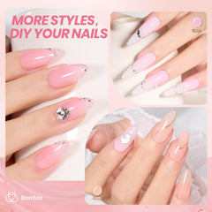 Beetles gel rosa lechoso en primer plano para acabado suave y natural.
