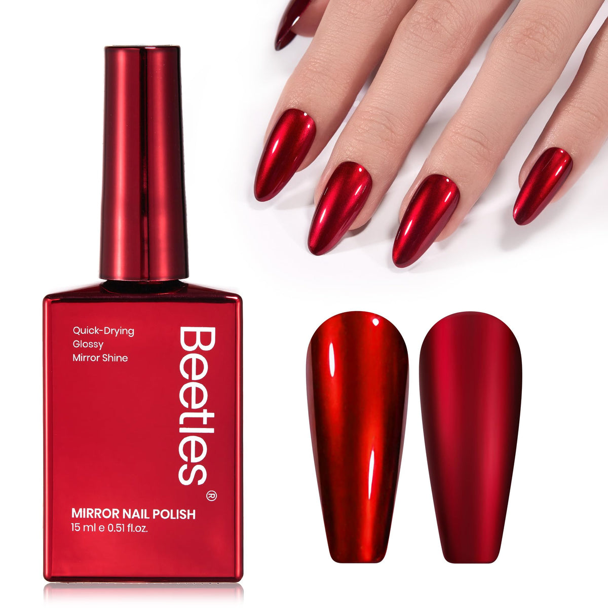 Beetles esmalte de uñas rojo cromo en acabado espejo para un look brillante.
