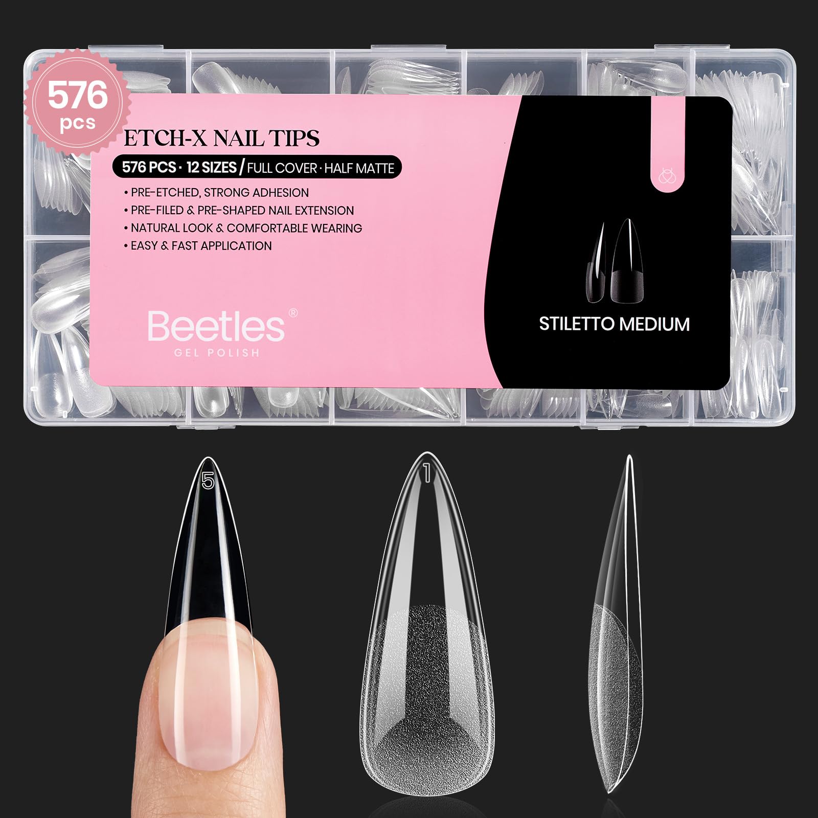 Beetles Etch-X puntas estileto 576 piezas, uñas duraderas para uso en casa.