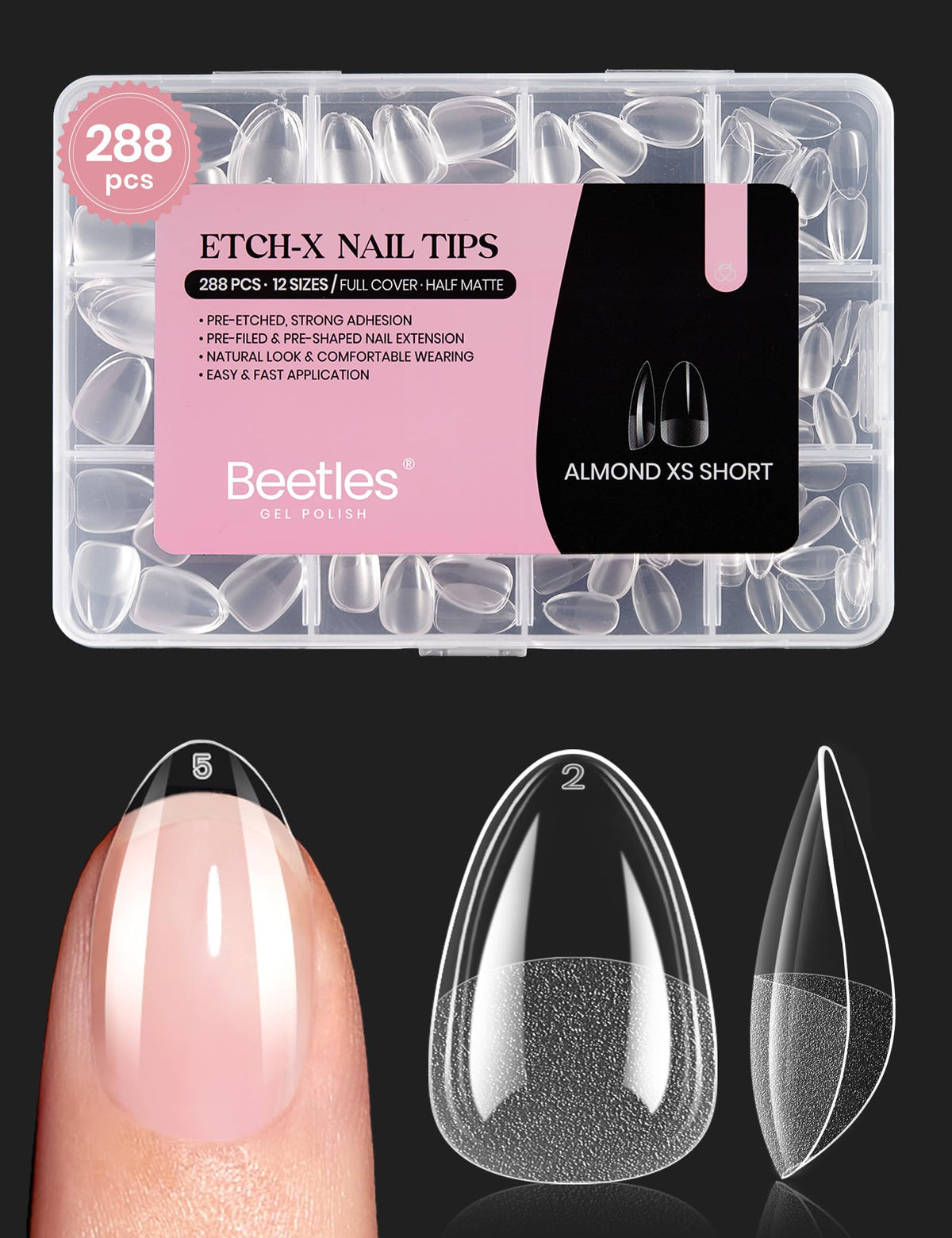 Beetles Extensiones de Uñas Almendra Cortas Transparentes para un look natural