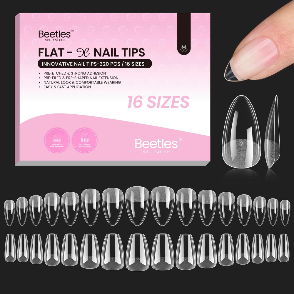 Beetles Flat-X puntas de uñas con forma almendra-ataud ofrecen ajuste suave.