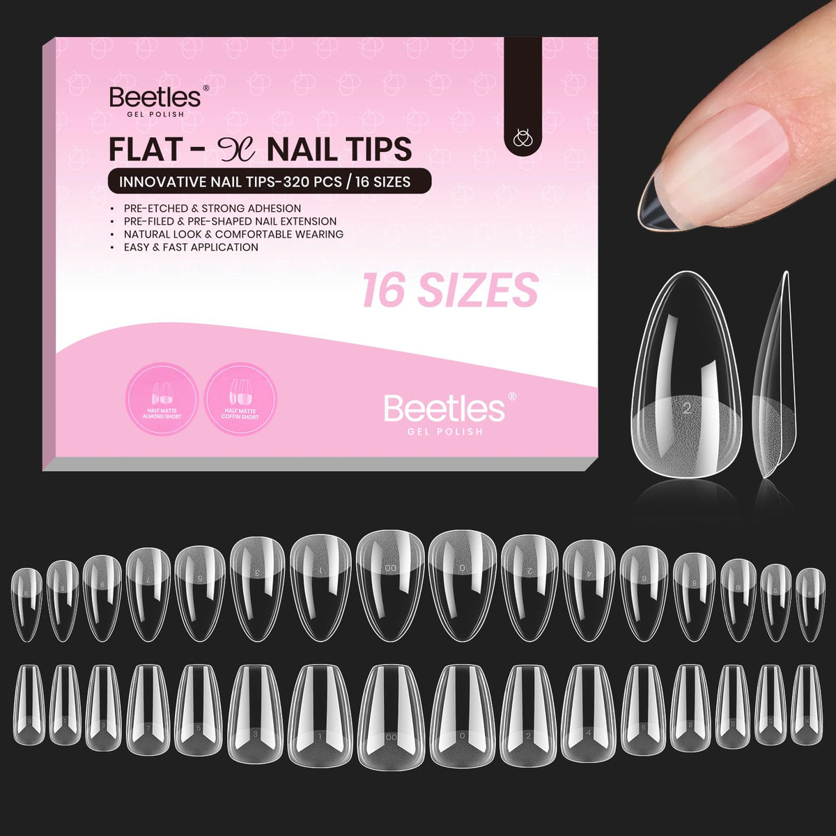 Beetles Flat-X puntas de uñas con forma almendra-ataud ofrecen ajuste suave.