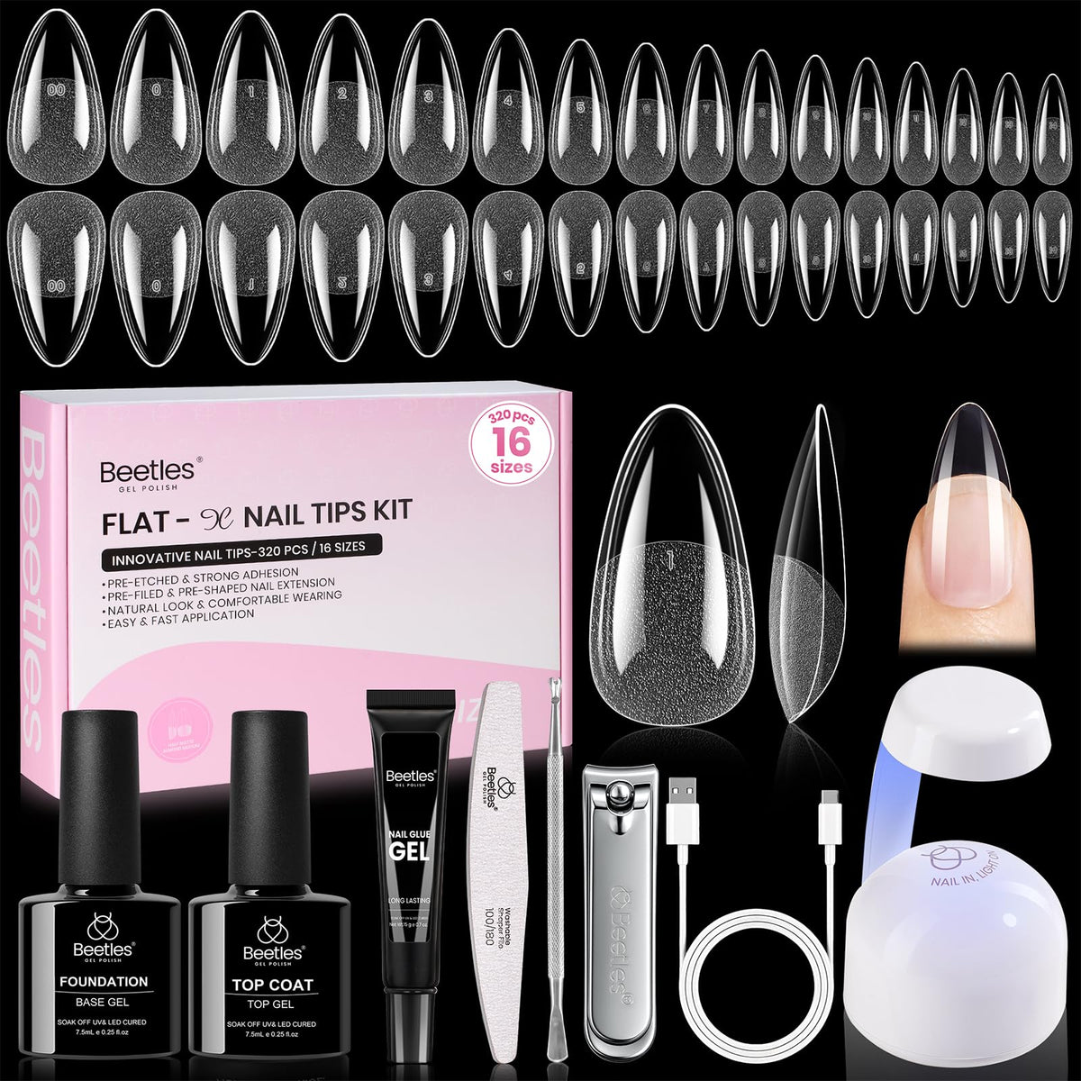Beetles Flat-X almond nail tips for secure, natural-looking wear