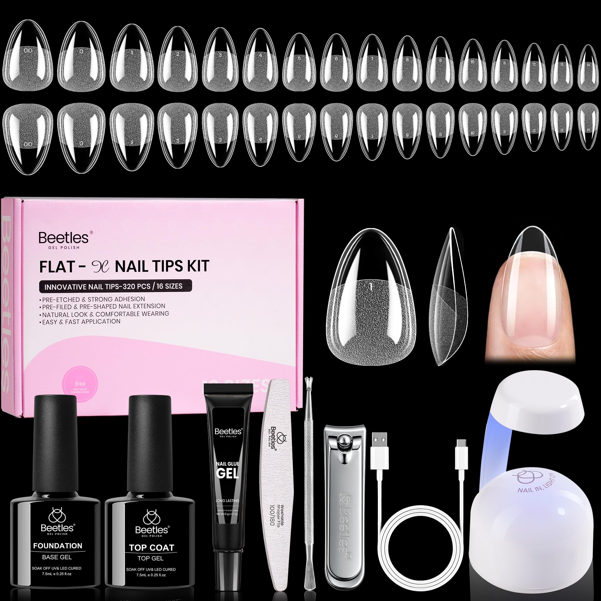 Beetles Flat-X almond nail tips in close-up, flush fit for natural nails, no lifting.
