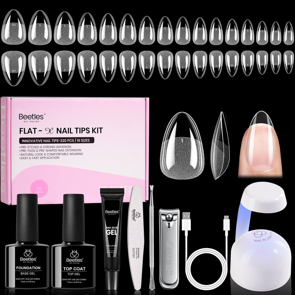 Beetles Flat-X almond nail tips in close-up, flush fit for natural nails, no lifting.
