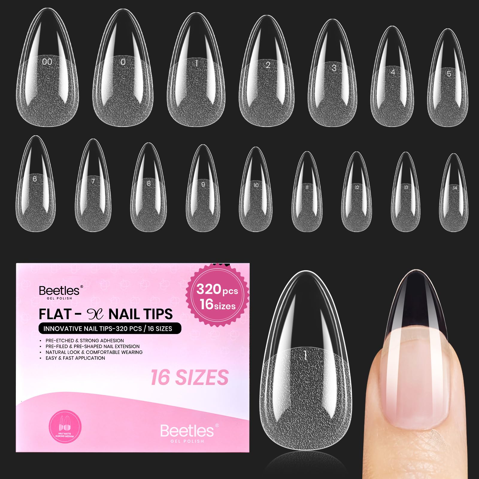 Beetles Flat-X tip de almendra en caja, ajuste cómodo para uñas planas.