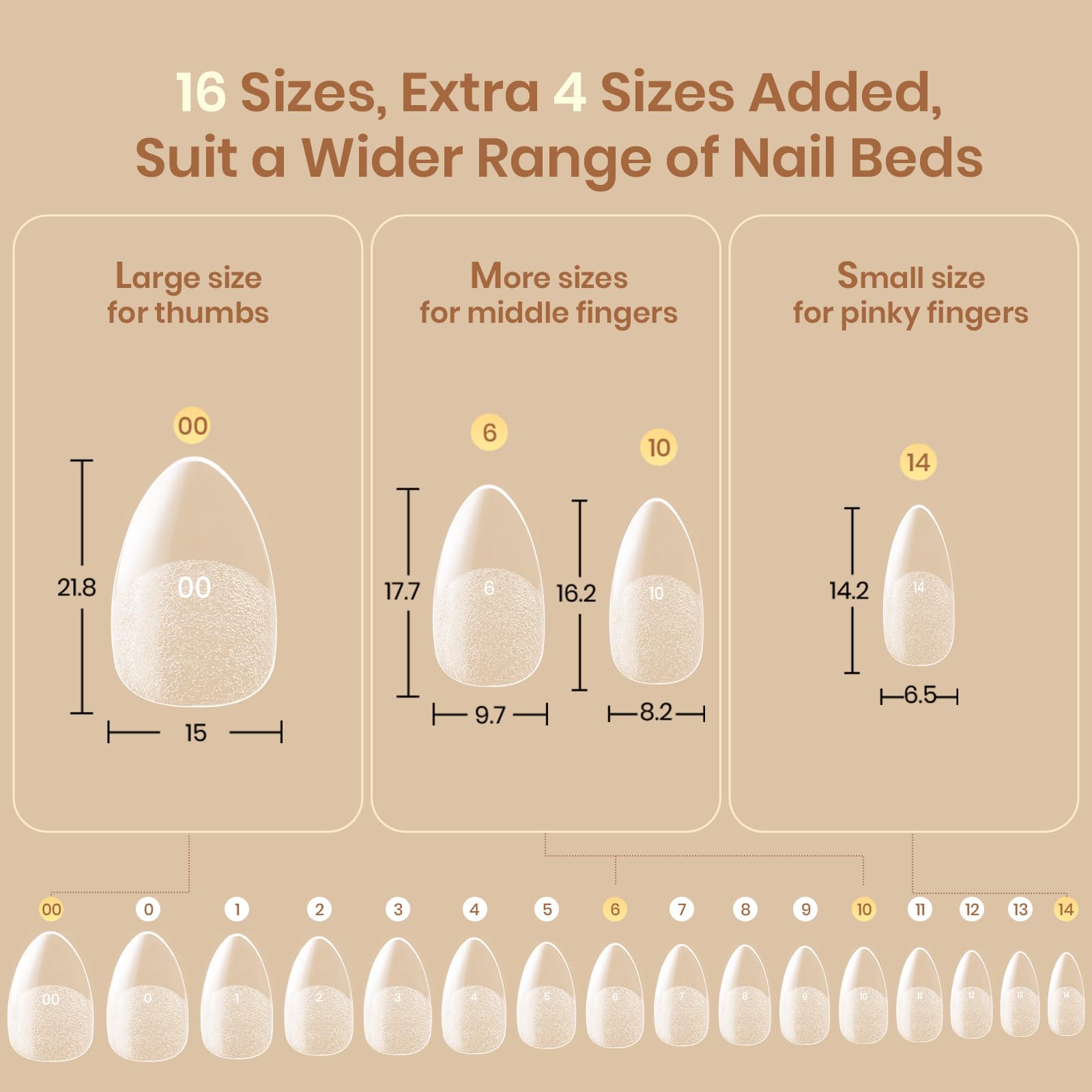 Beetles Flat-X extensiones de uña, 16 tallas prenumeradas para ajuste preciso.
