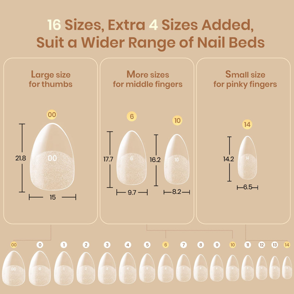 Beetles Flat-X extensiones de uña, 16 tallas prenumeradas para ajuste preciso.