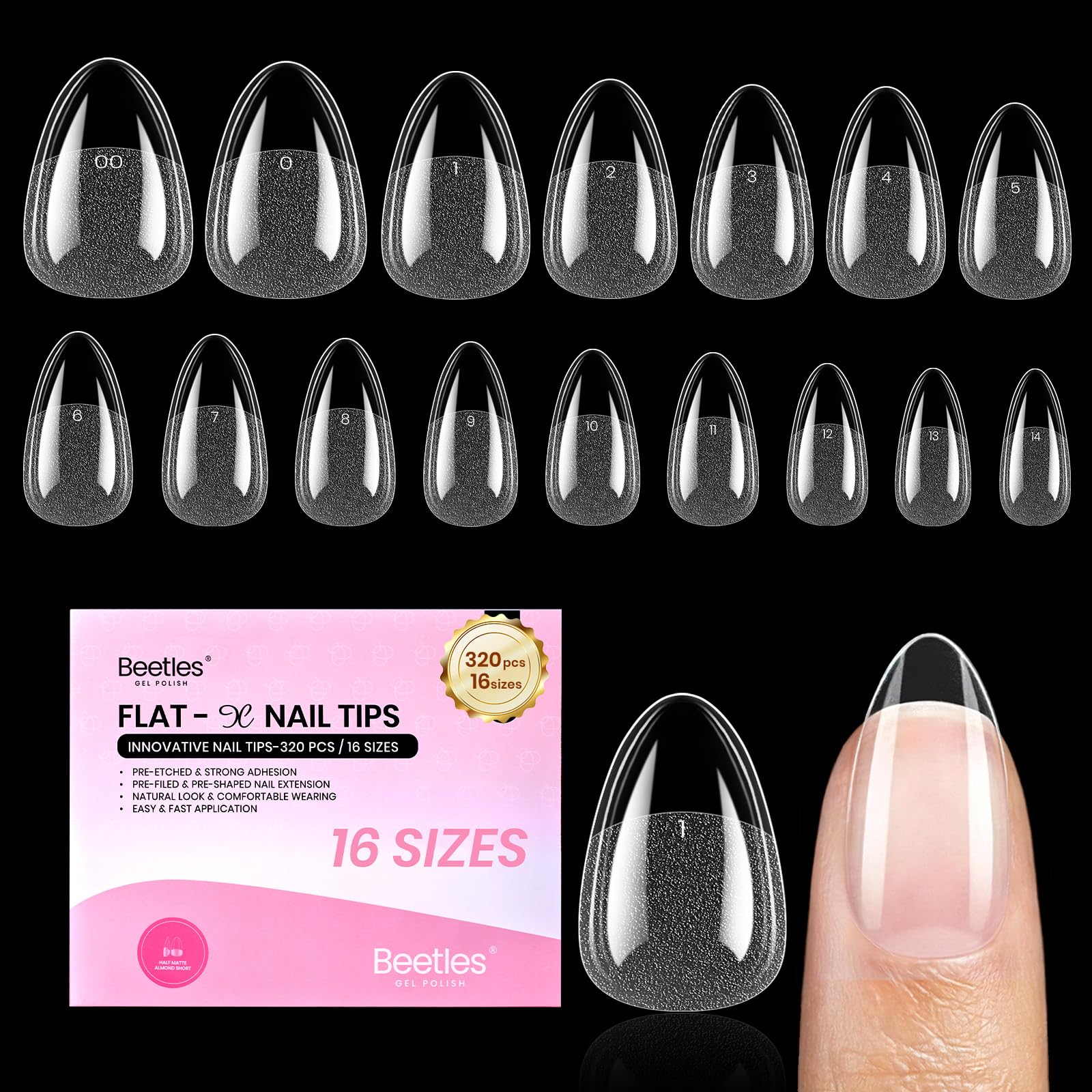 Beetles Flat-X extensiones de uña almendra corta, ajuste cómodo y adherencia mejorada.