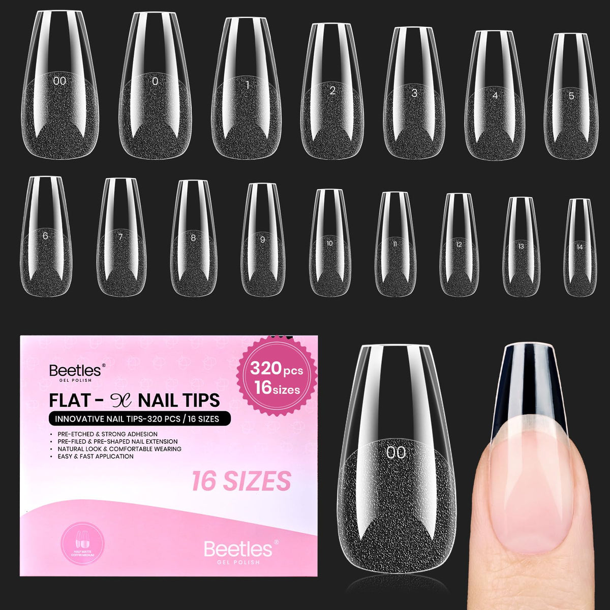 Beetles Flat-X tips uñas forma coffin mediana para ajuste cómodo y sin levantamiento
