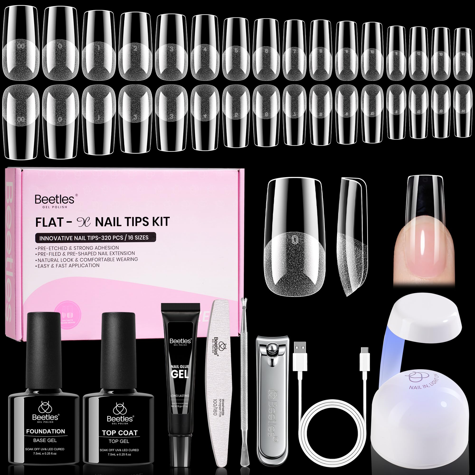 Beetles Flat-X square nail tips 320 piece set with a secure fit