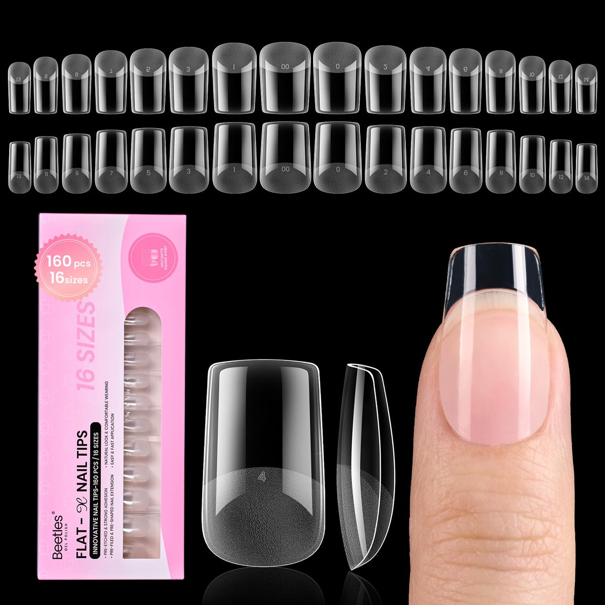 Beetles Flat-X extensiones planas cuadradas cortas para ajuste cómodo sin levantamiento.