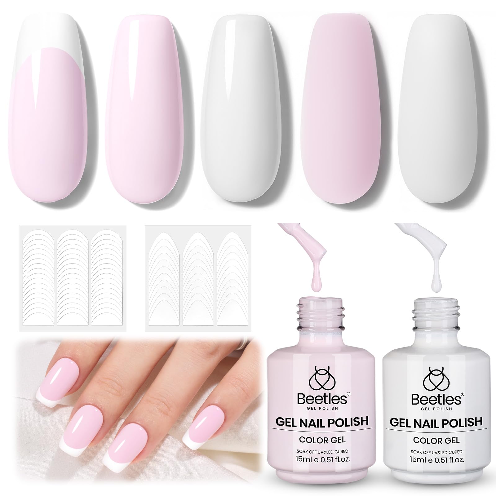 Beetles French Tip Gel Polish Set packaging with nude pink and white bottles for home use.