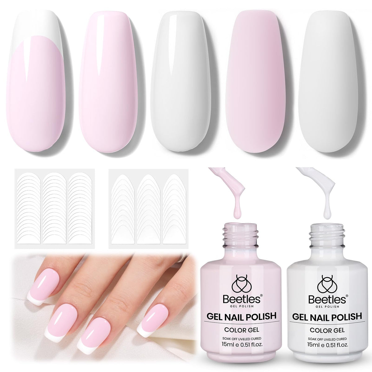 Beetles French Tip Gel Polish Set packaging with nude pink and white bottles for home use.