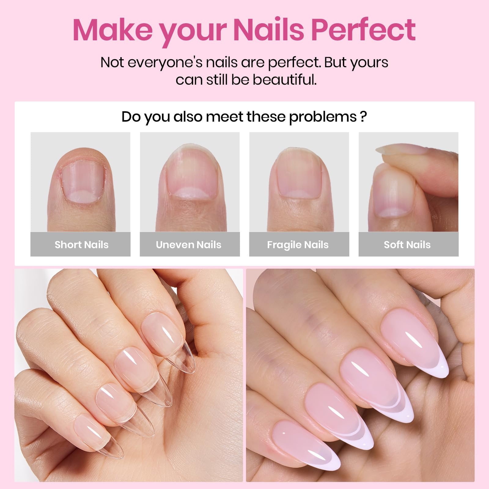 Beetles full-cover almond tips applied on nail for natural look
