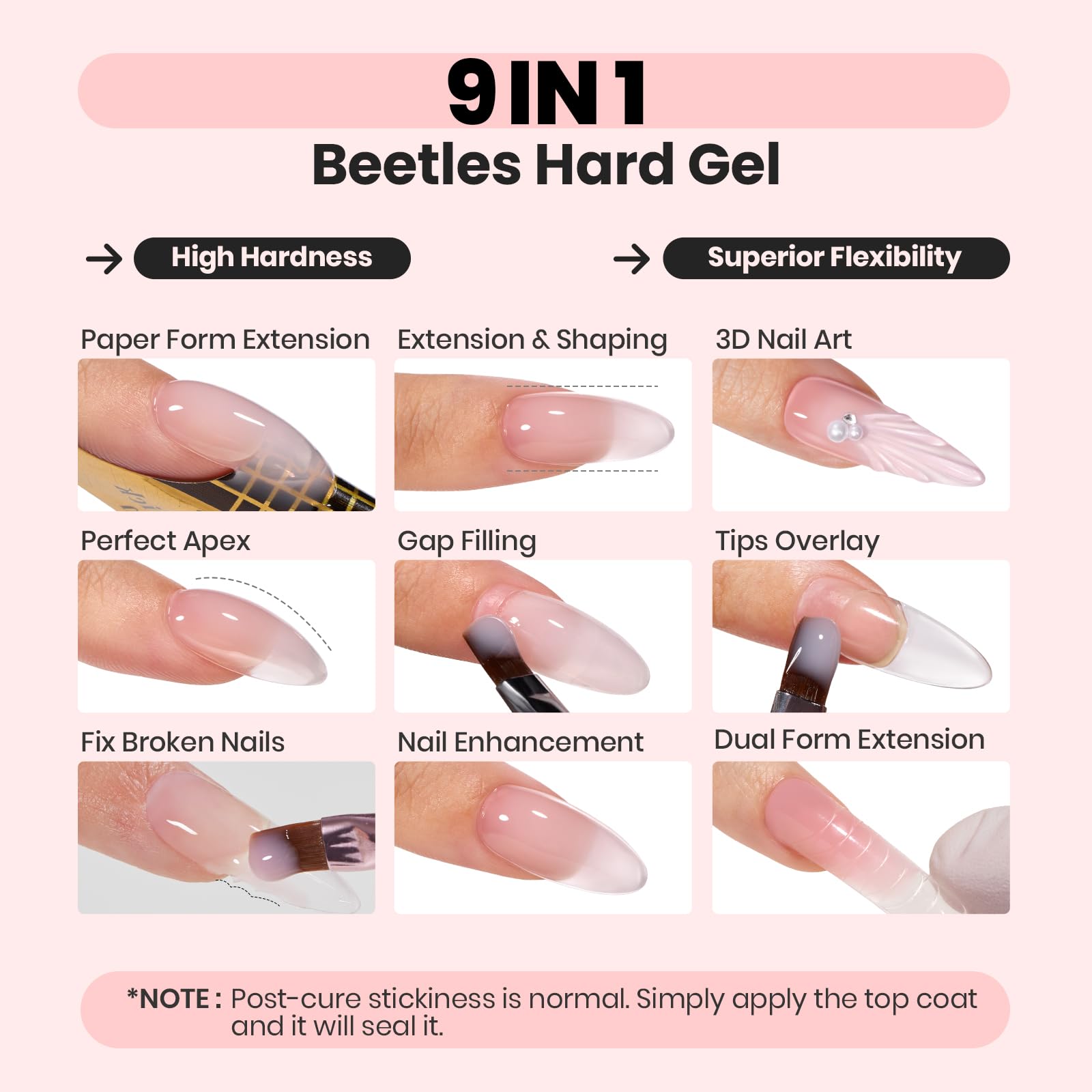 Beetles Gel 9-en-1, funciones profesionales para uñas duraderas y de aspecto pulido.
