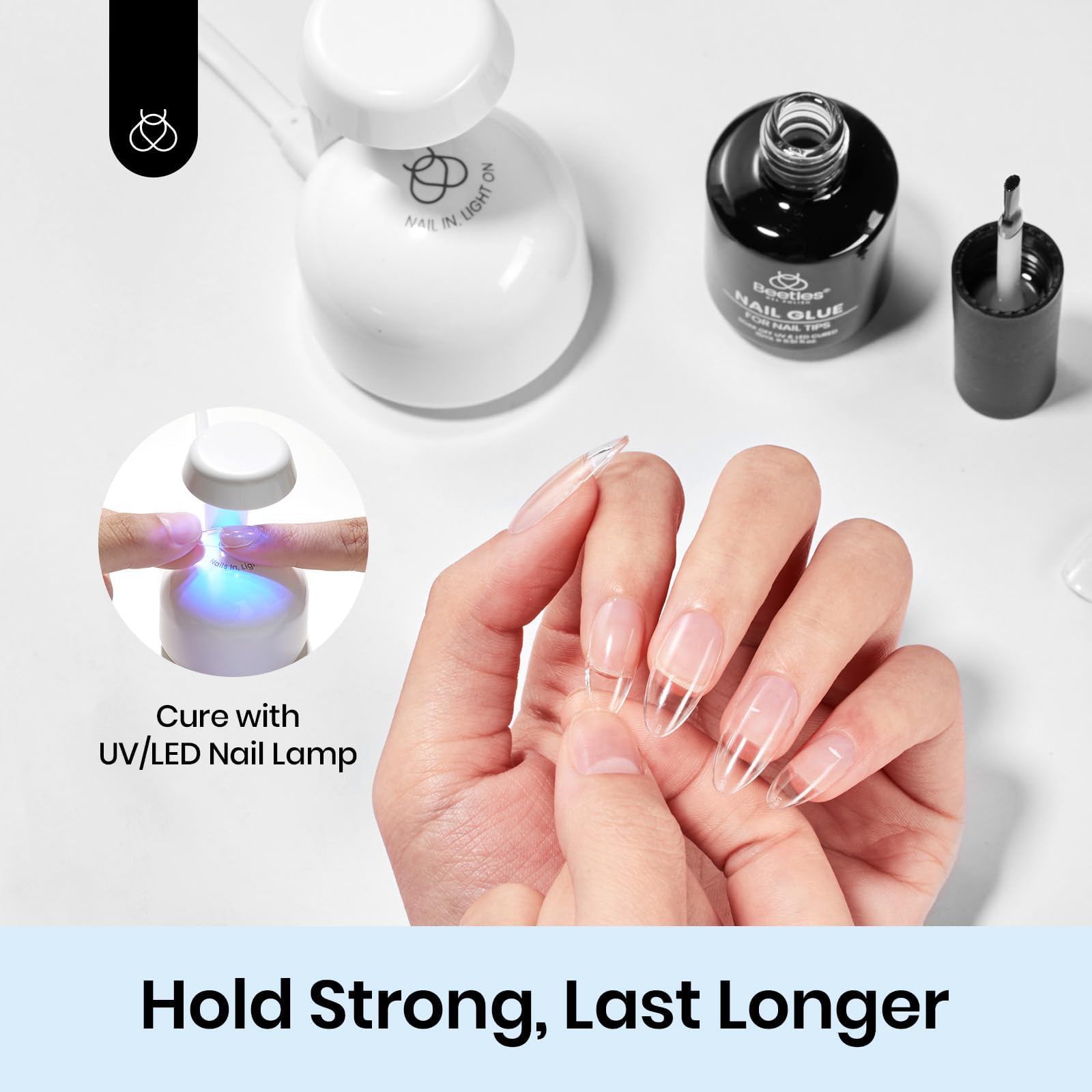 Beetles gel nail glue 9 en 1 con acabado tipo vidrio sin residuo.