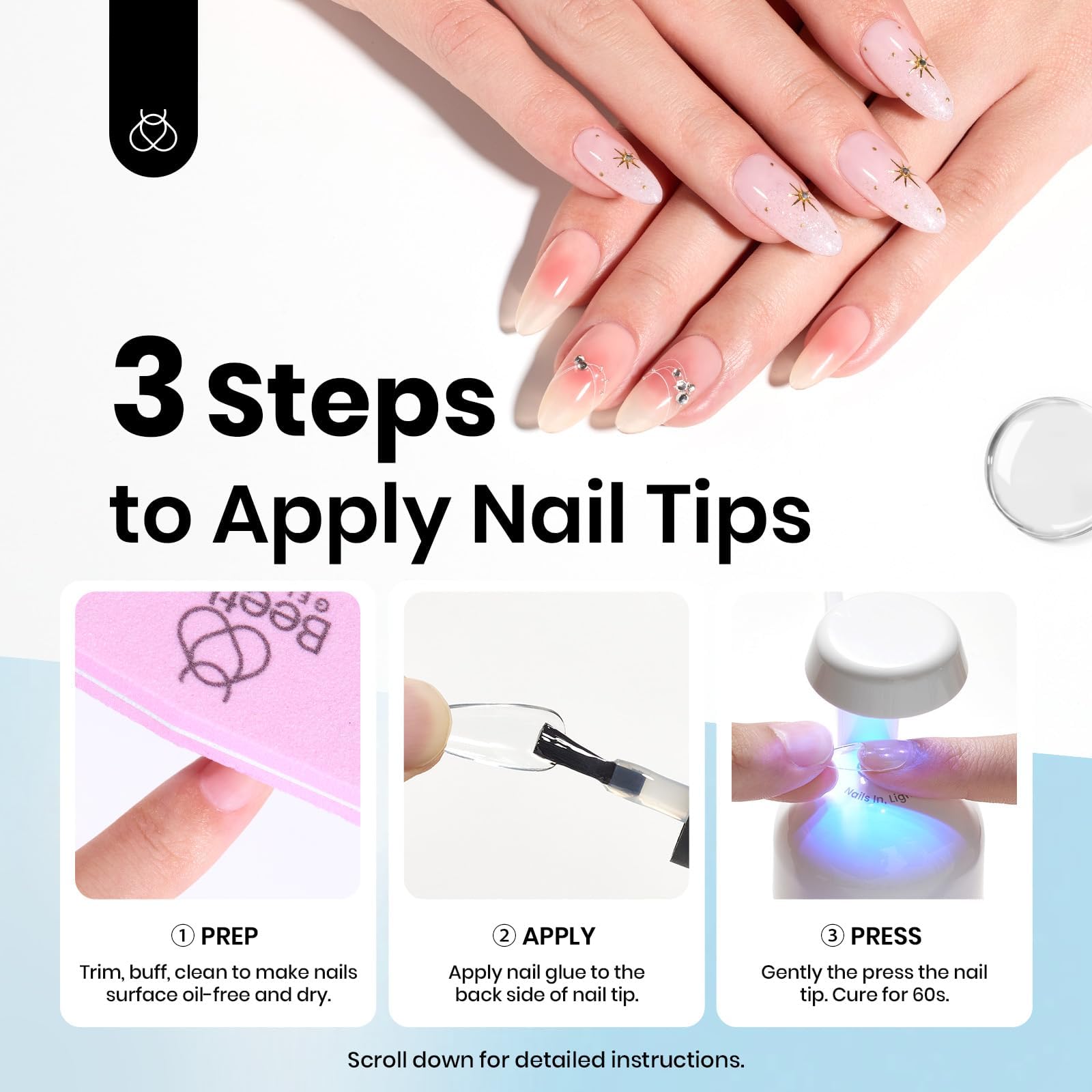 Beetles gel nail glue 9 en 1 con efecto auto-nivelante para un acabado liso.