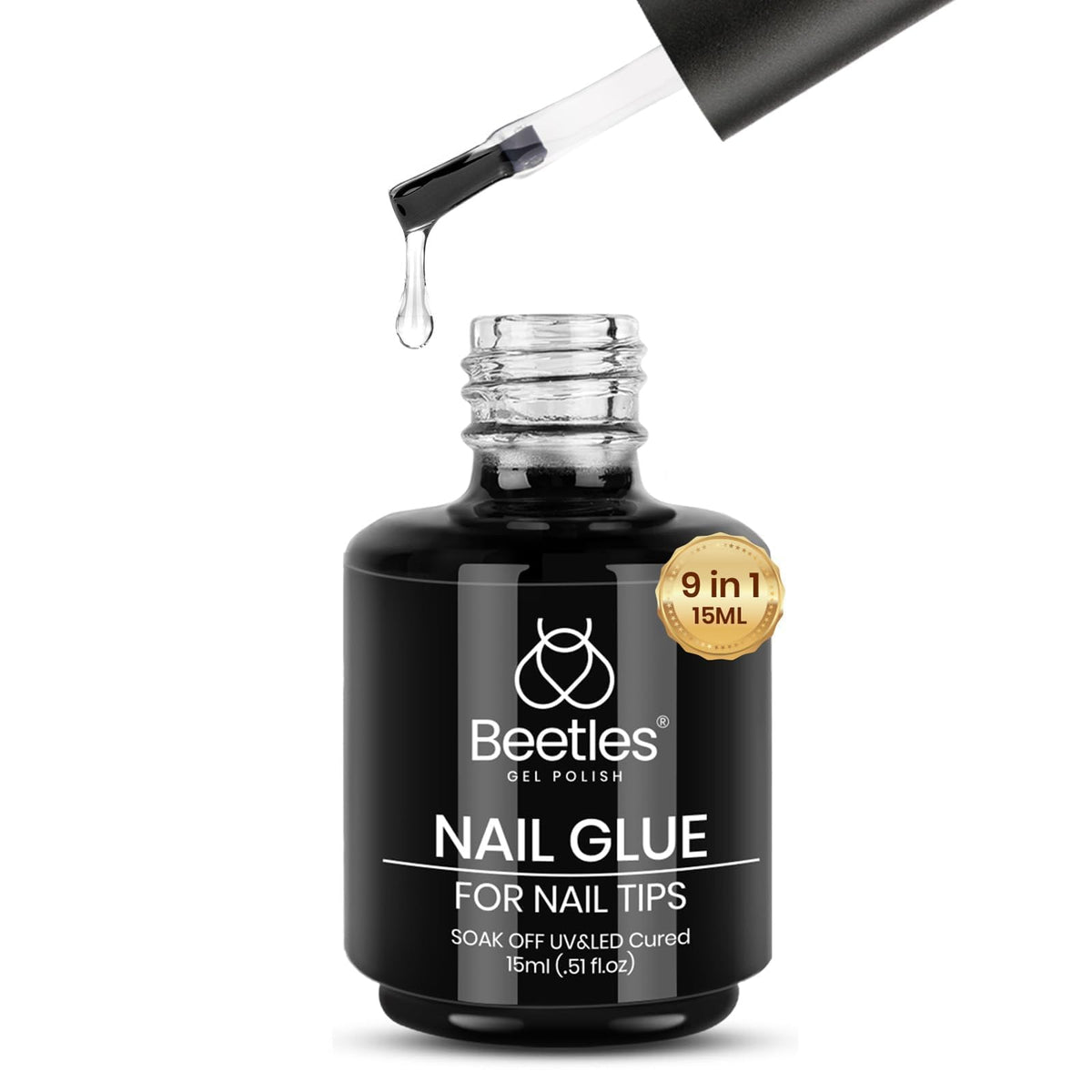 Beetles gel nail glue 9 en 1 para aplicación fácil y cobertura suave.