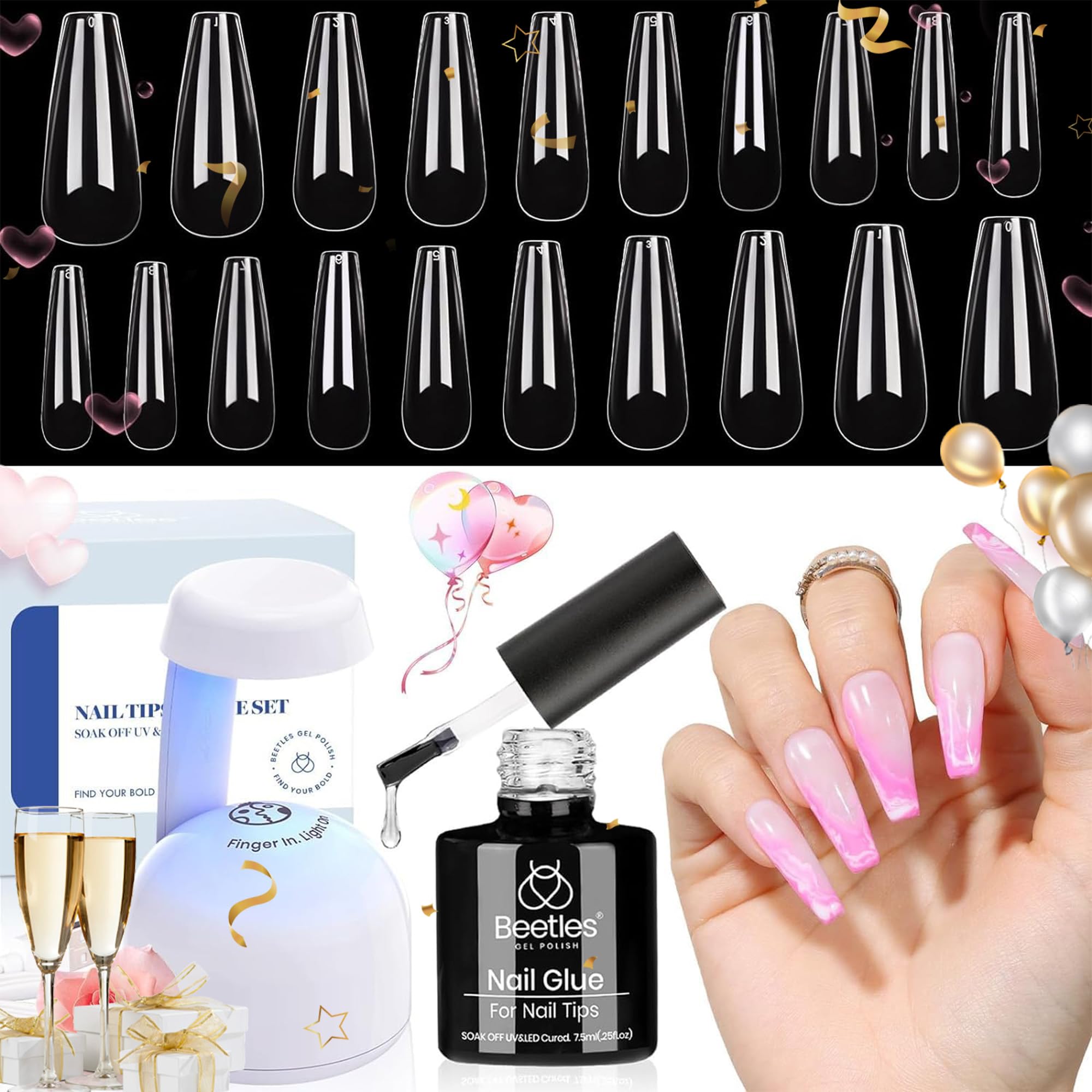 Beetles Kit de Uñas en Gel: 500 tips en forma ataúd para extensiones duraderas