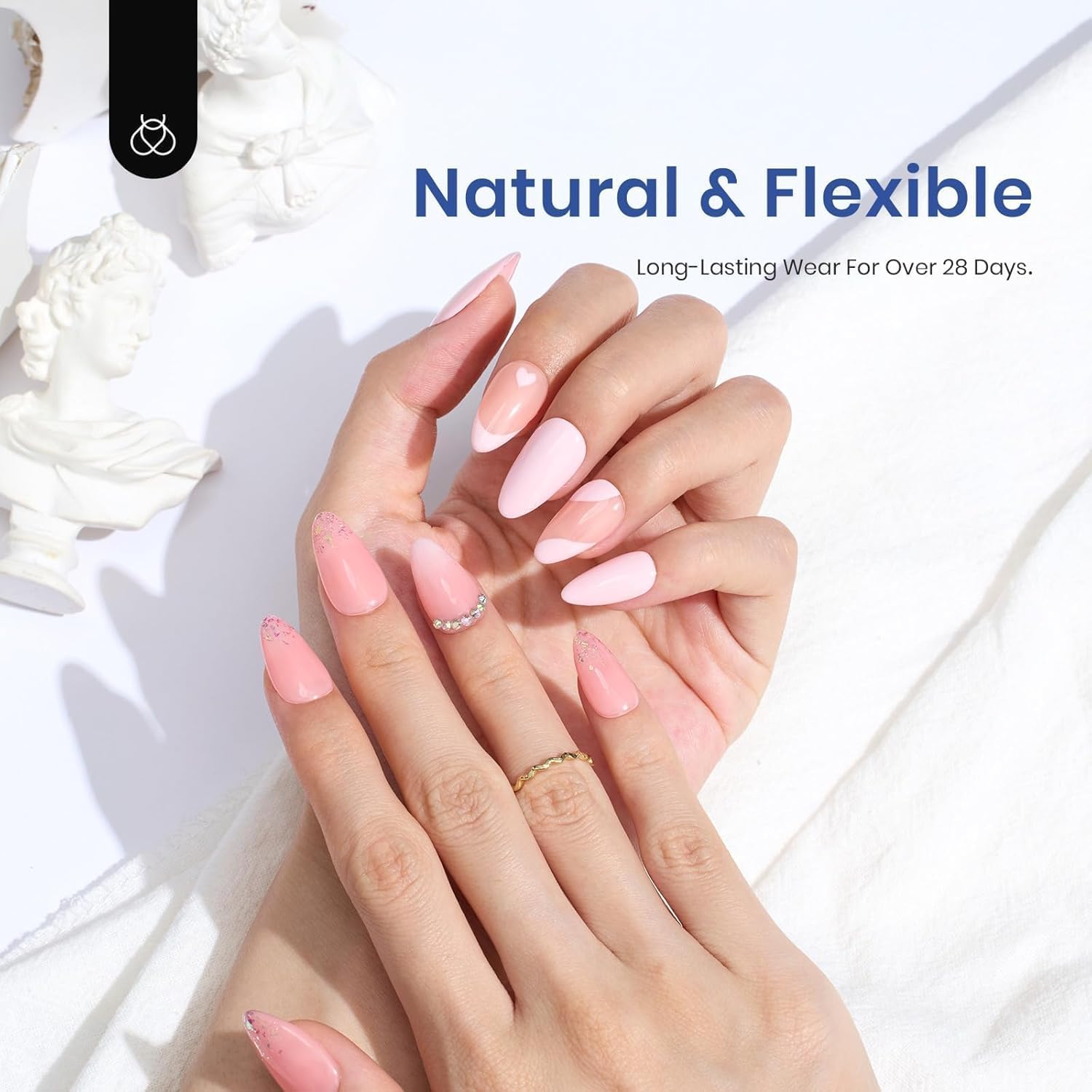 Beetles Gel Polish half-matte almond tips close-up showing adhesion.