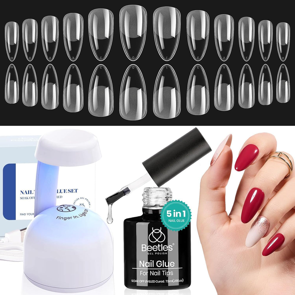 Beetles Gel Nail Kit Etch-X con puntas almendra mediana para ajuste cómodo.