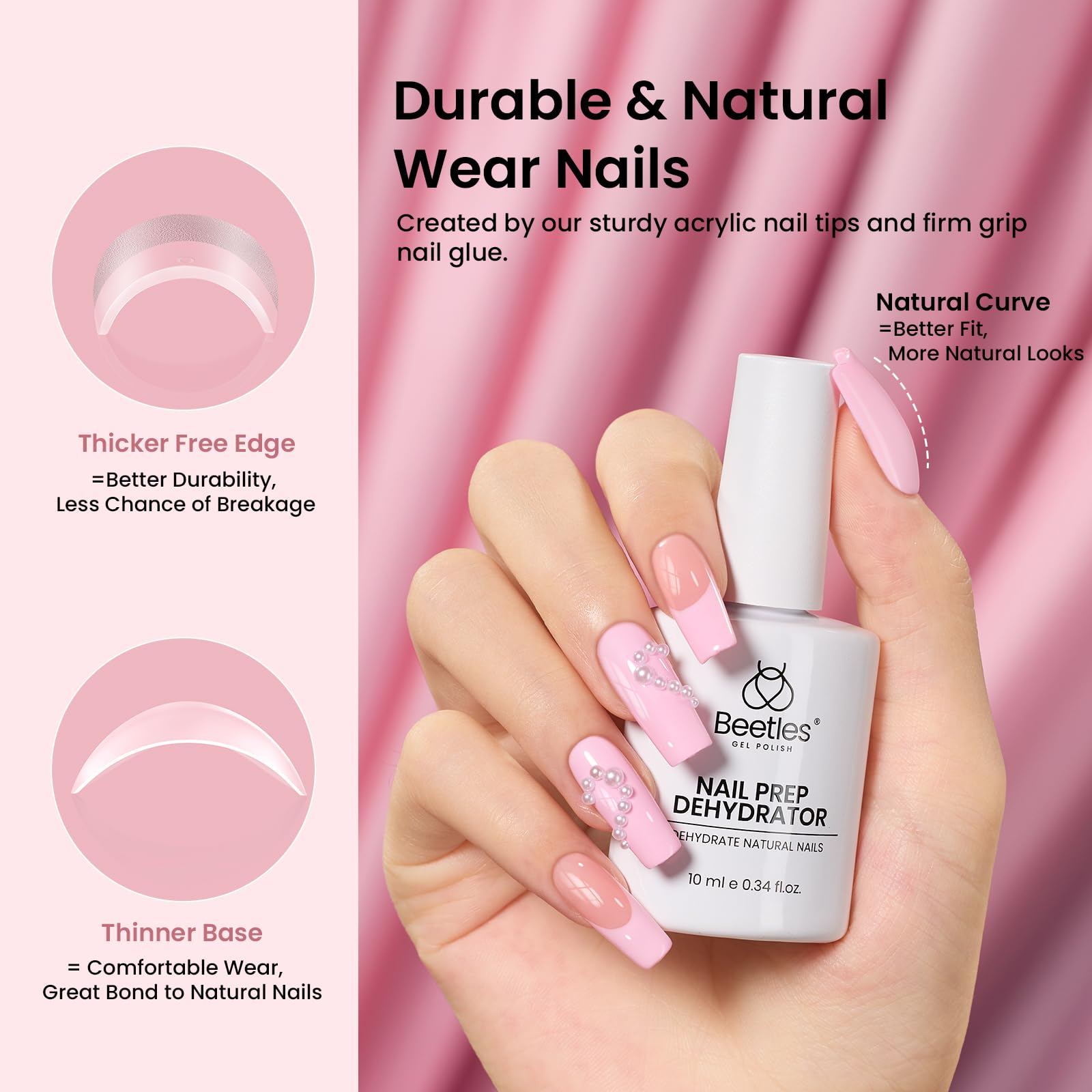 Beetles Gel Nail Kit half-matte tips highlight strong adhesion on nails.