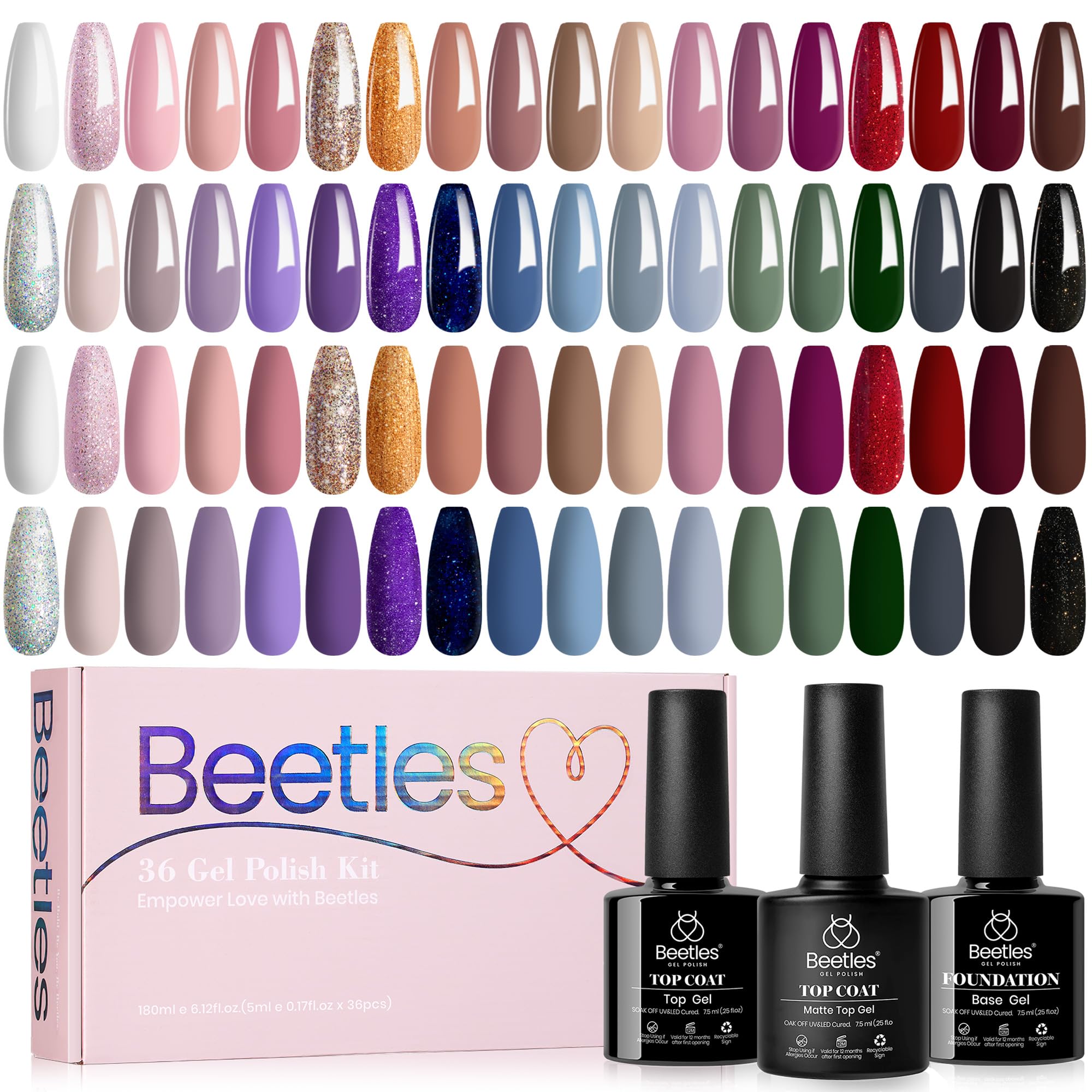 Beetles Gel Polish Set with 36 colors displayed for easy selection and inspiration