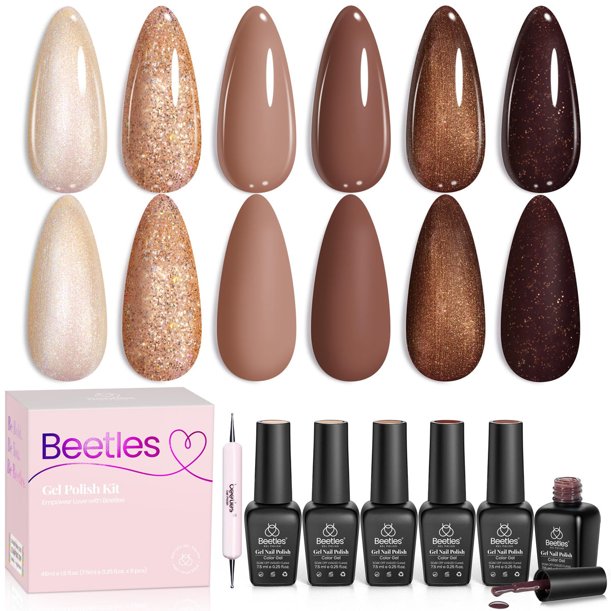 Beetles Brownie Bliss swatches in warm browns suited for everyday chic nails