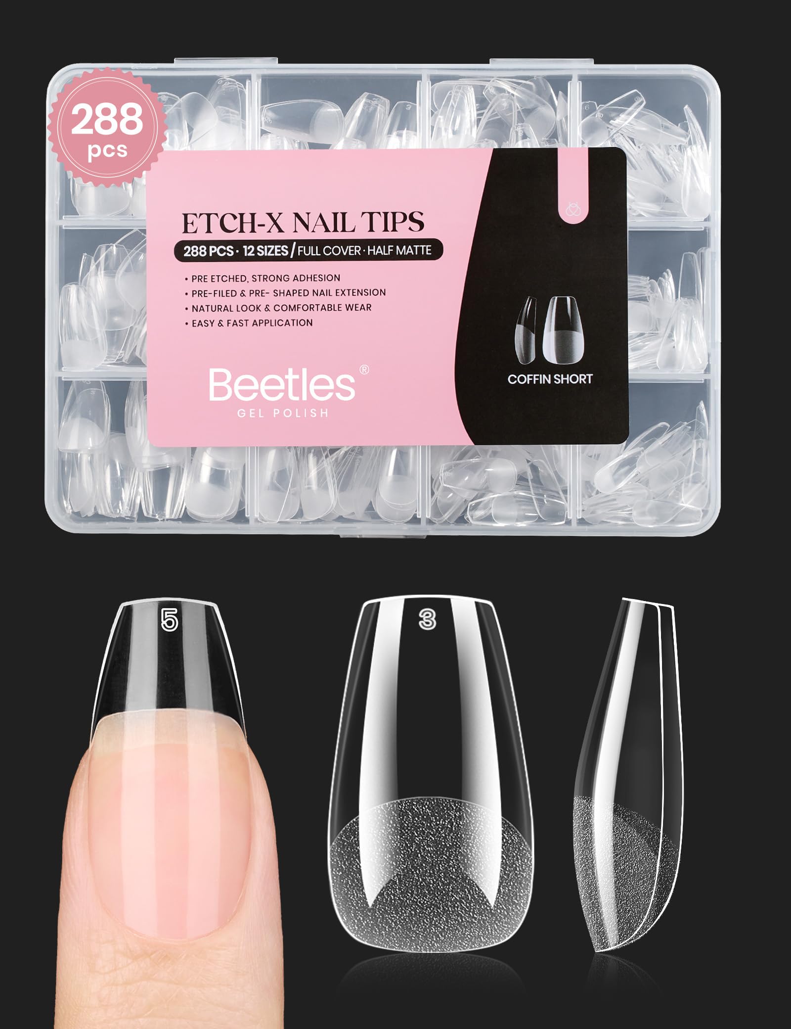 Beetles Gel Nail Tips corto ataúd pre-etchado para extensión de uñas