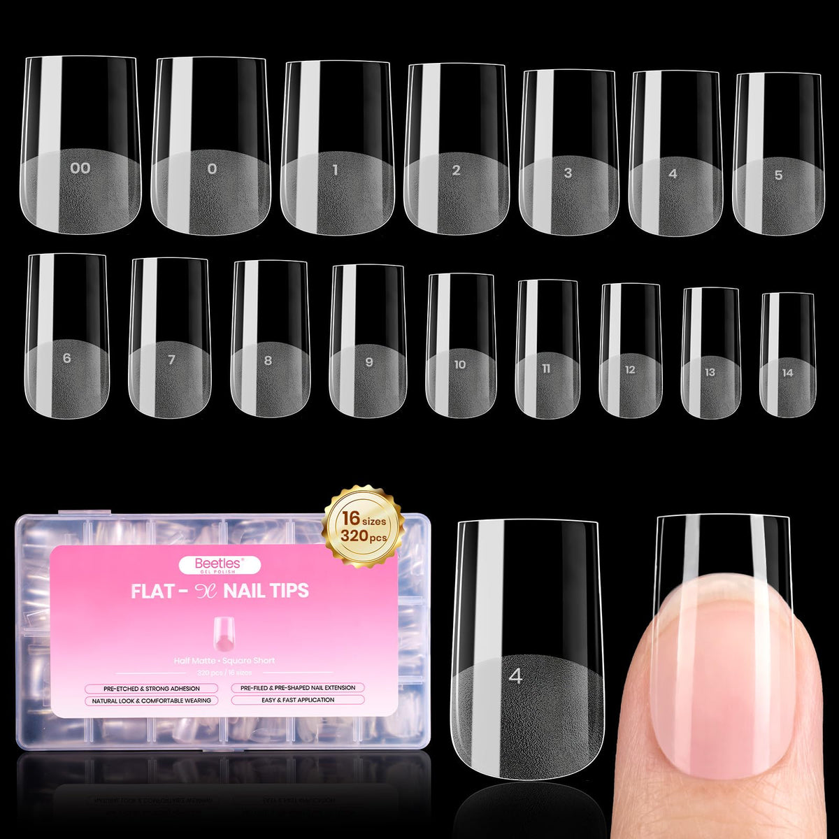 Beetles Gel Nail Tips cuadrado corto Flat-X, ajuste cómodo y sin desprendimiento