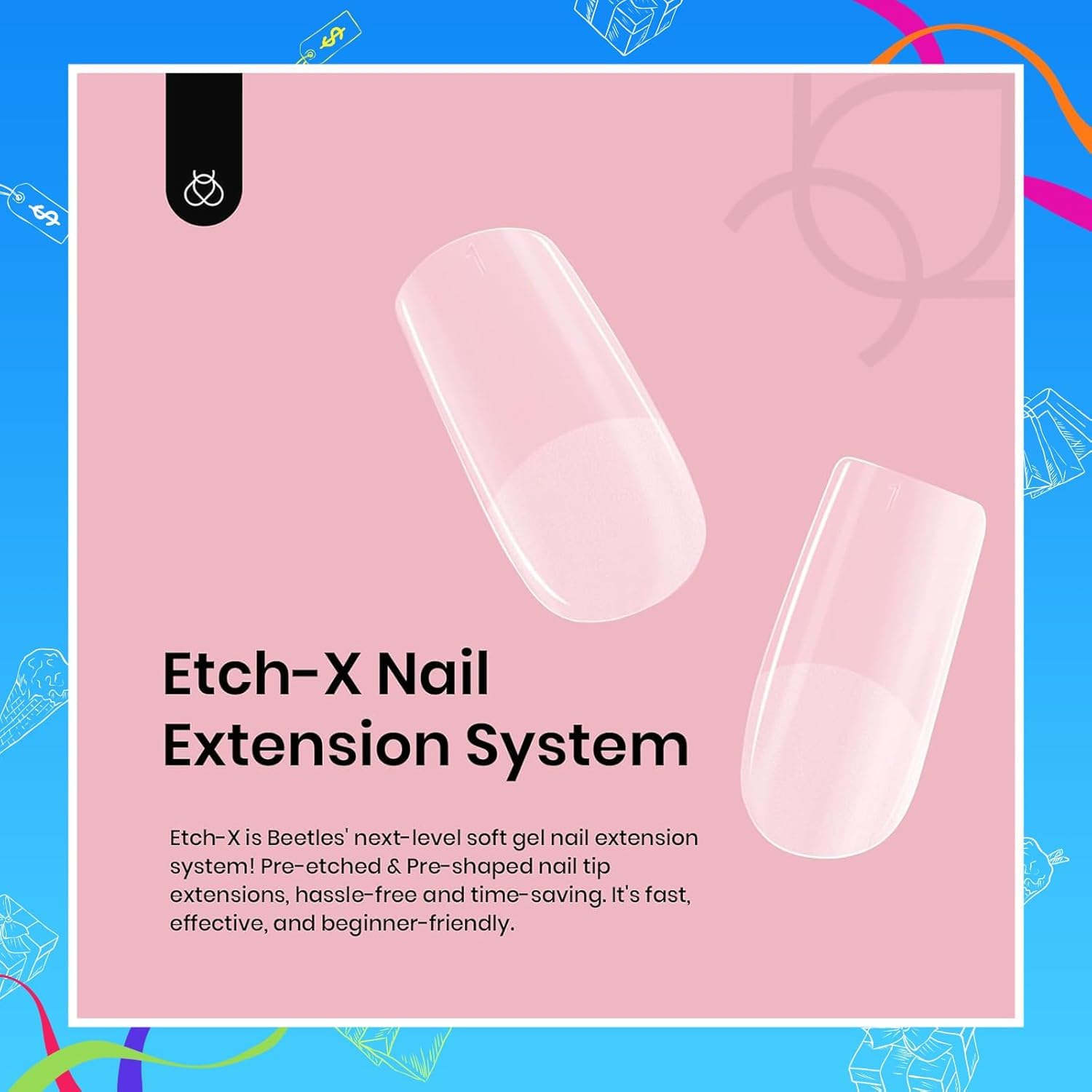 Beetles Gel Nail Tips Etch-X 12 tallas para ajuste perfecto en cada dedo.