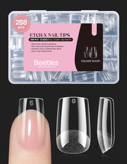 Beetles Gel Nail Tips Etch-X corte cuadrado corto para extensión rápida y natural.