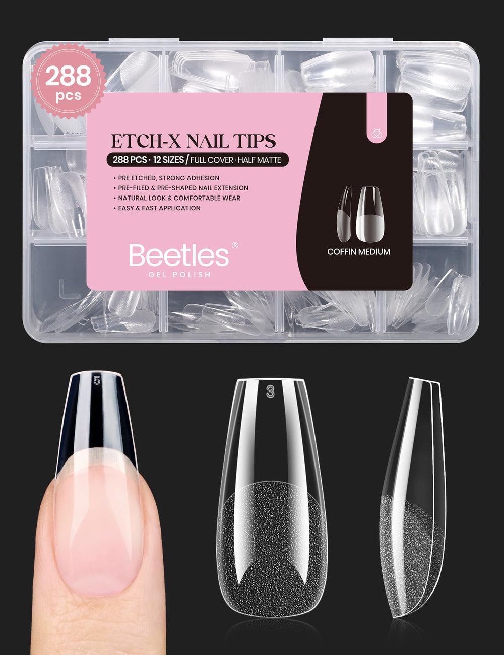 Beetles Gel Nail Tips Etch X forma coffin media para extensión duradera.